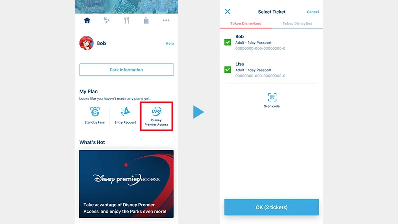 My Plan in the app with Disney Premier Access selected, then the Select Ticket screen for the party