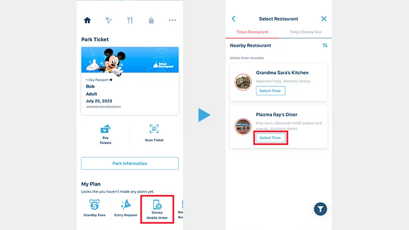 The app home screen with Disney Mobile Order selected, then choosing a restaurant and an arrival time