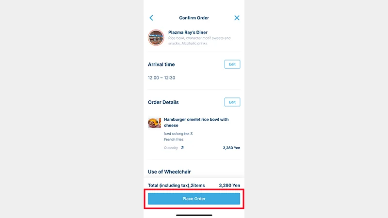 The Confirm Order screen in the app, showing the arrival time and order details with the Place Order button