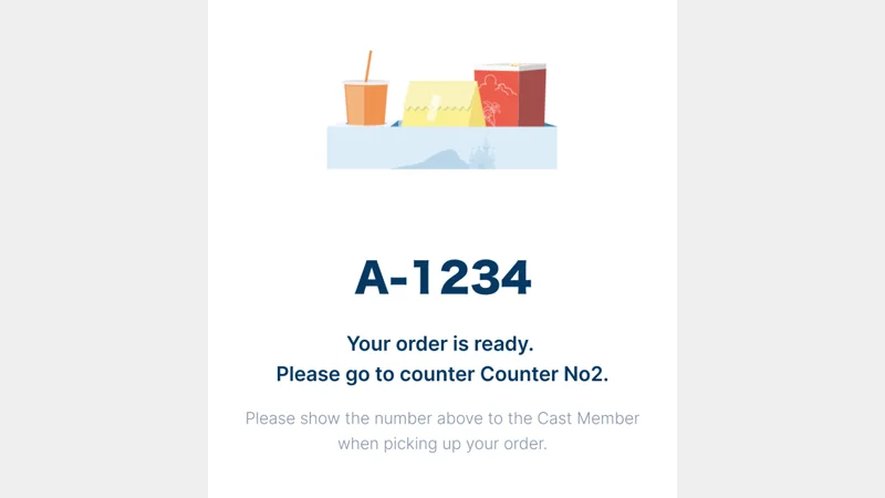 The order ready screen in the app, showing the order number and the counter to collect from