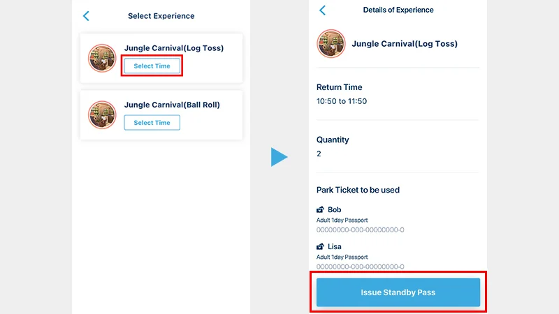 Choosing a Standby Pass venue in the app: the Jungle Carnival games, Log Toss and Ball Roll, with the pass details and Issue button
