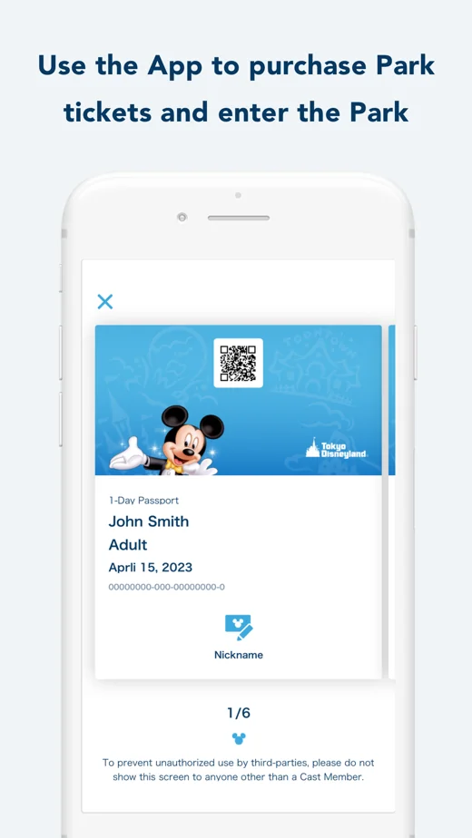 A 1-Day Passport displayed in the Tokyo Disney Resort app, with the guest nickname, the date and the code scanned at the park gate
