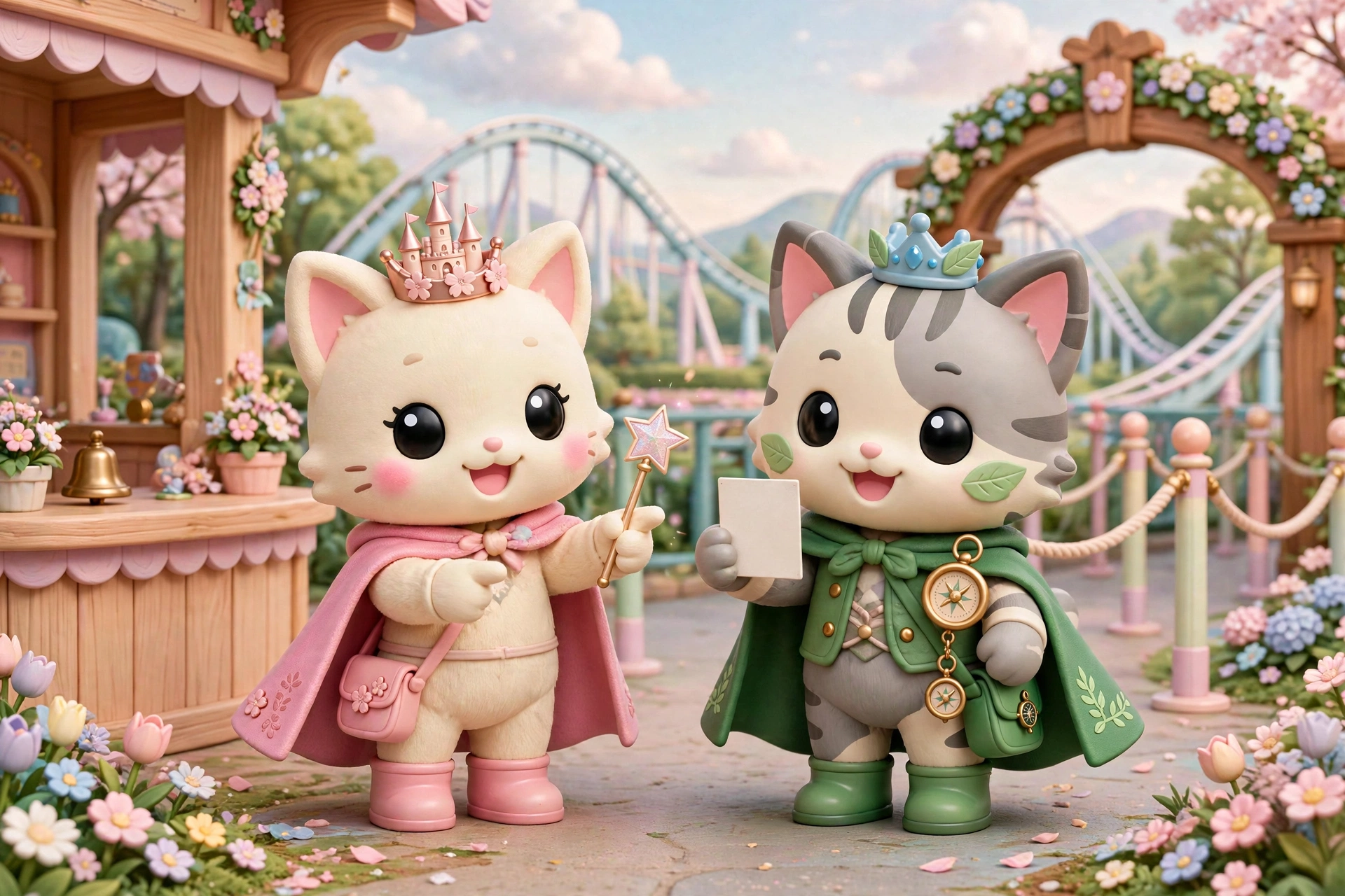 The guide cats at an attraction entrance, one holding up a return-time card beside the queue ropes, with a coaster behind them