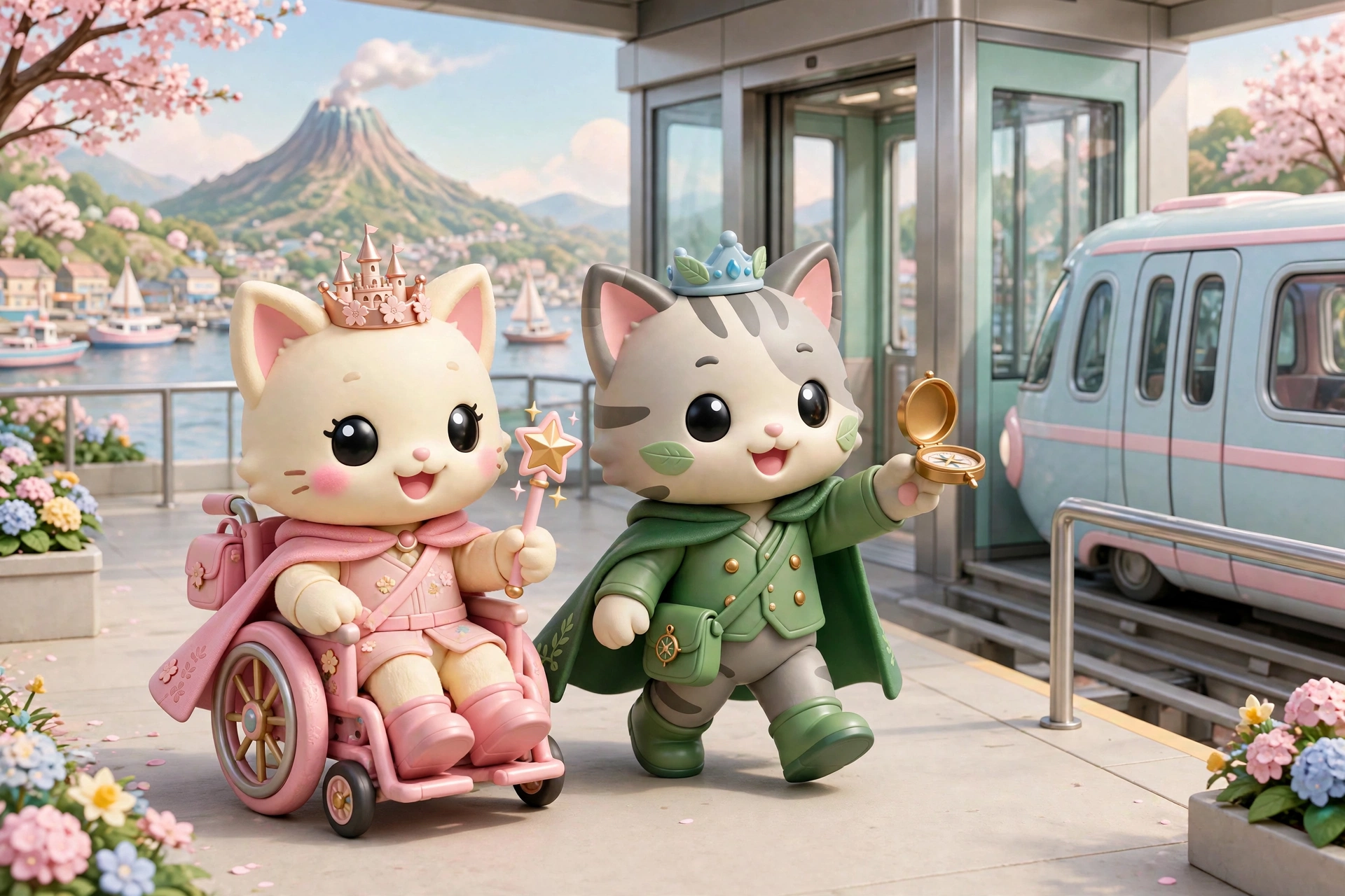 The guide cats on a Disney Resort Line station platform, one in a wheelchair, the monorail beside them and the harbour behind
