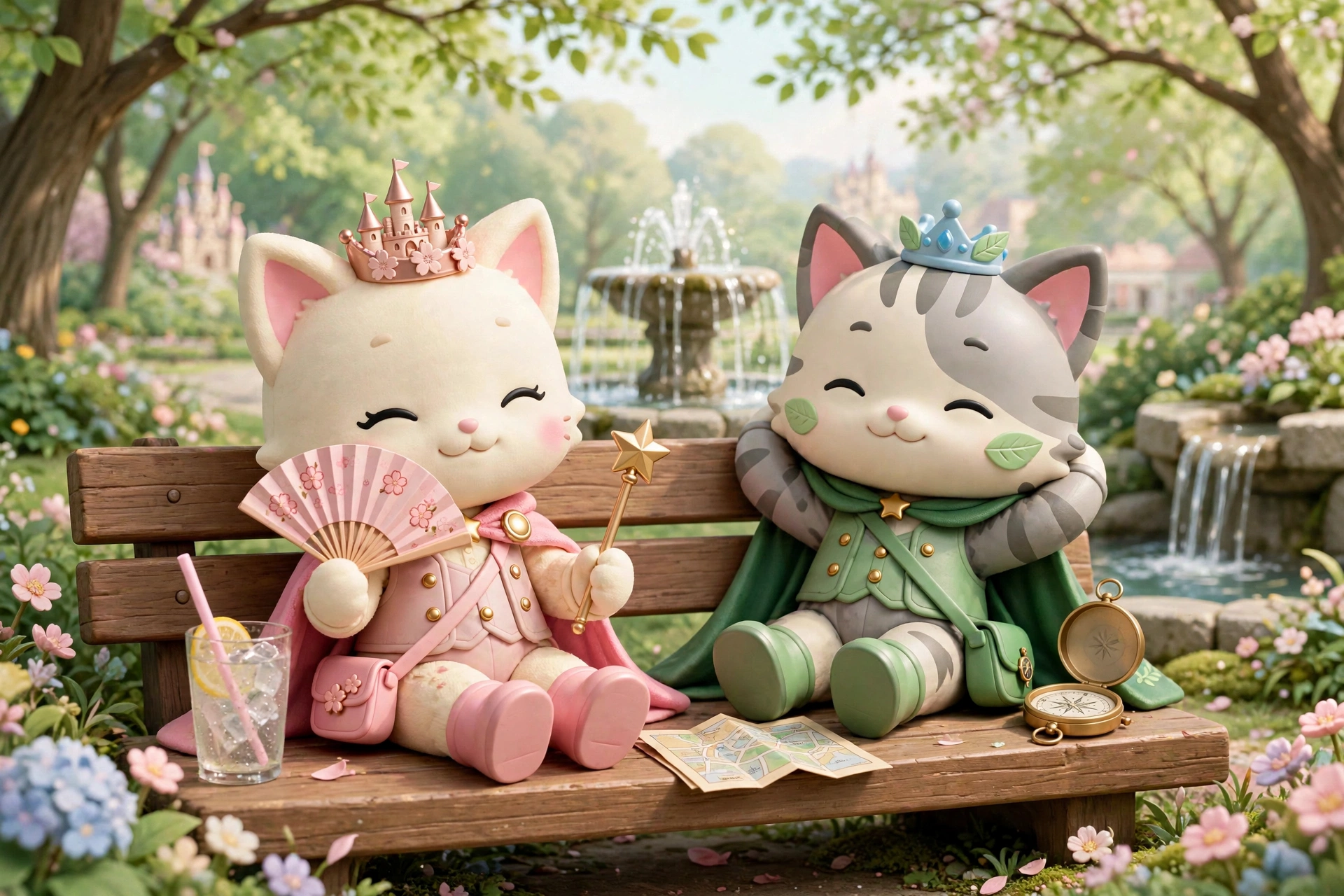 The guide cats resting on a shaded park bench with a cold drink and the park map, a fountain behind them