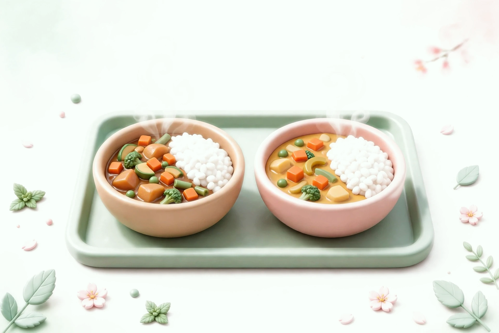 Illustration of the Special Dietary Menu's two core dishes on a tray: a bowl of vegetable stew with rice, and a bowl of vegetable curry with rice