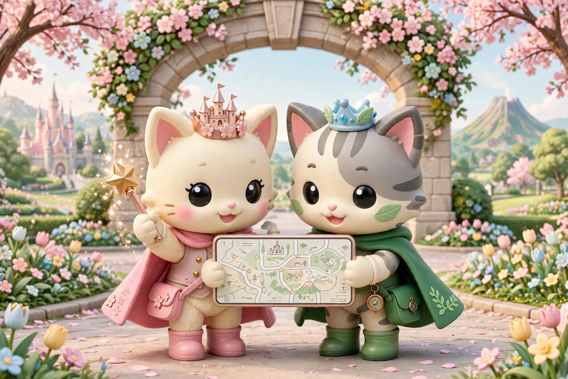 The Happily Ever Tokyo guide cats holding a phone showing the park map, castle and volcano behind them