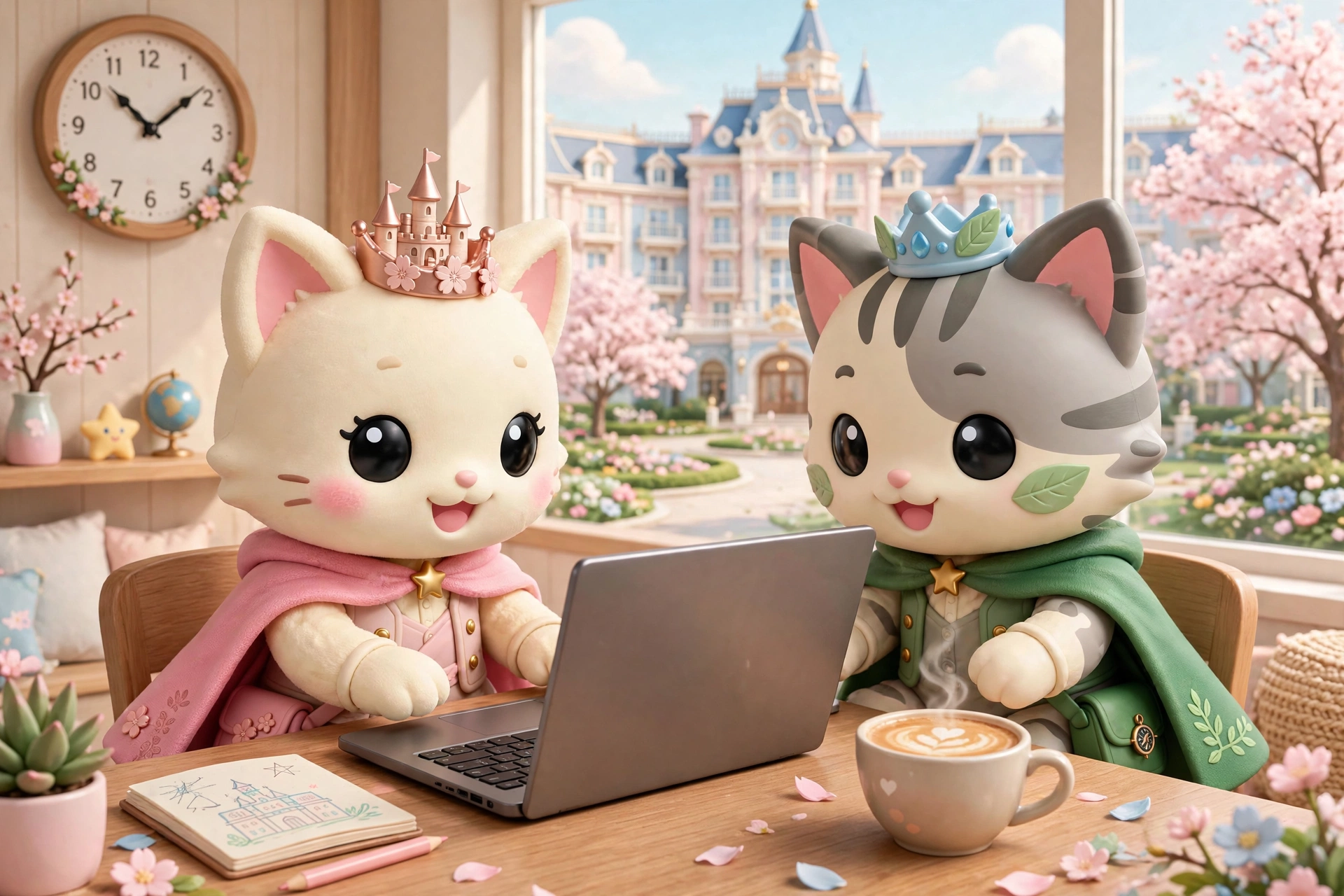 The guide cats at a laptop on hotel booking morning, grand hotel in daylight outside the window