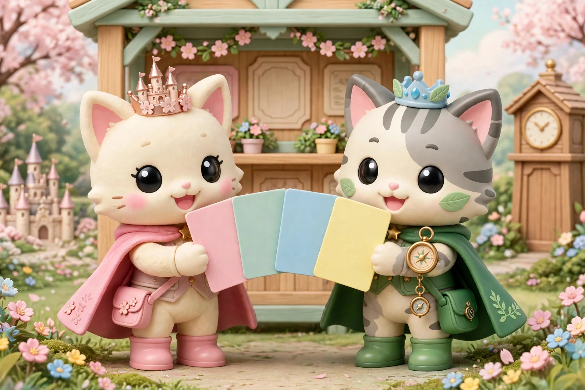The guide cats holding up four park pass cards at an information kiosk