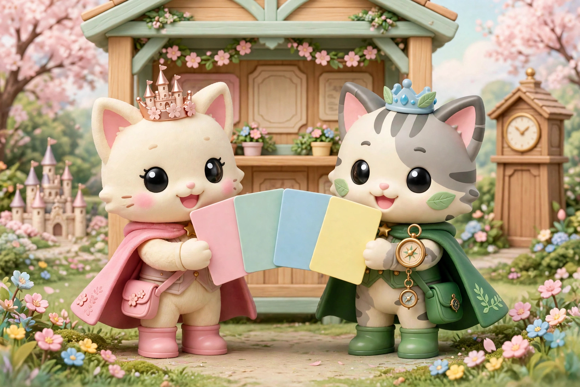 The guide cats holding up four park pass cards at an information kiosk