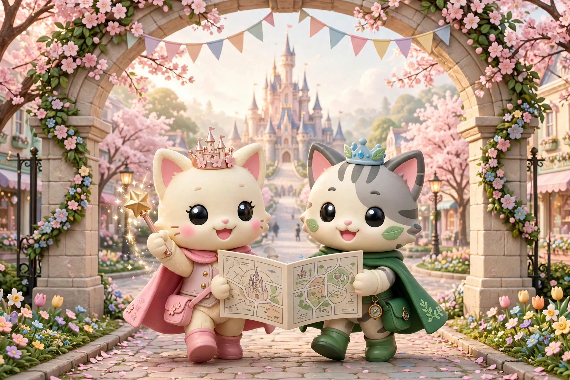 The Happily Ever Tokyo guide cats walking through the park entrance with a map, castle ahead