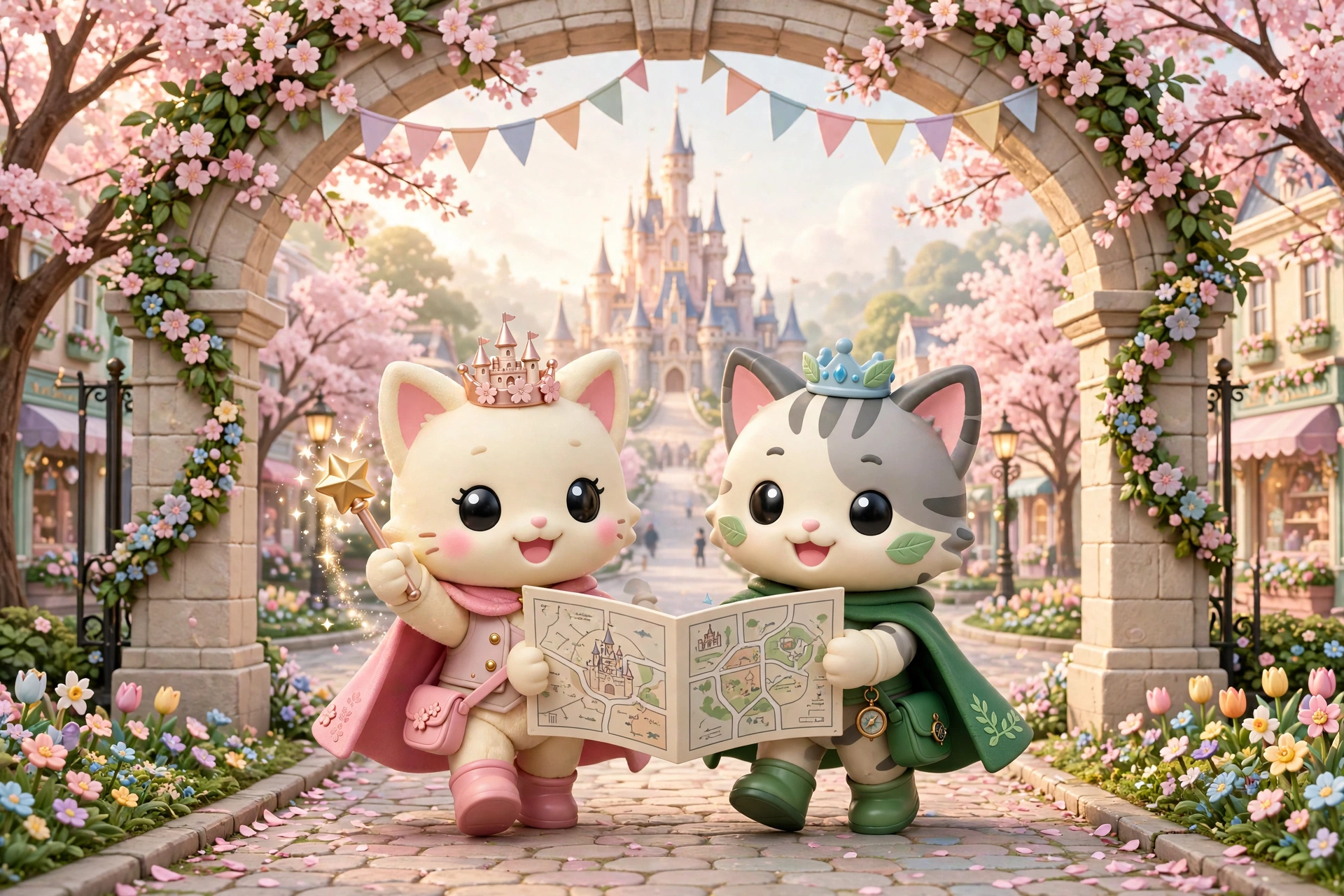 The Happily Ever Tokyo guide cats walking through the park entrance with a map, castle ahead