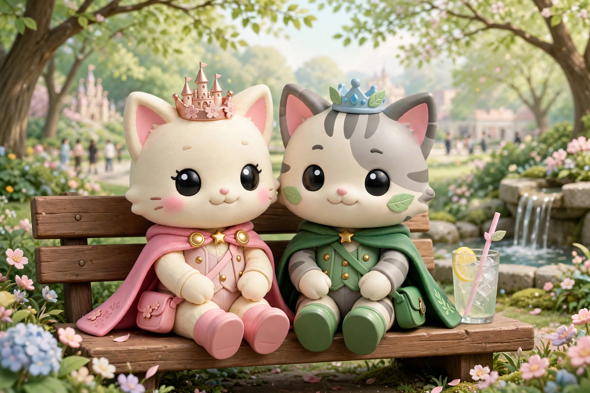 The guide cats resting on a bench in a shaded park garden by a small fountain