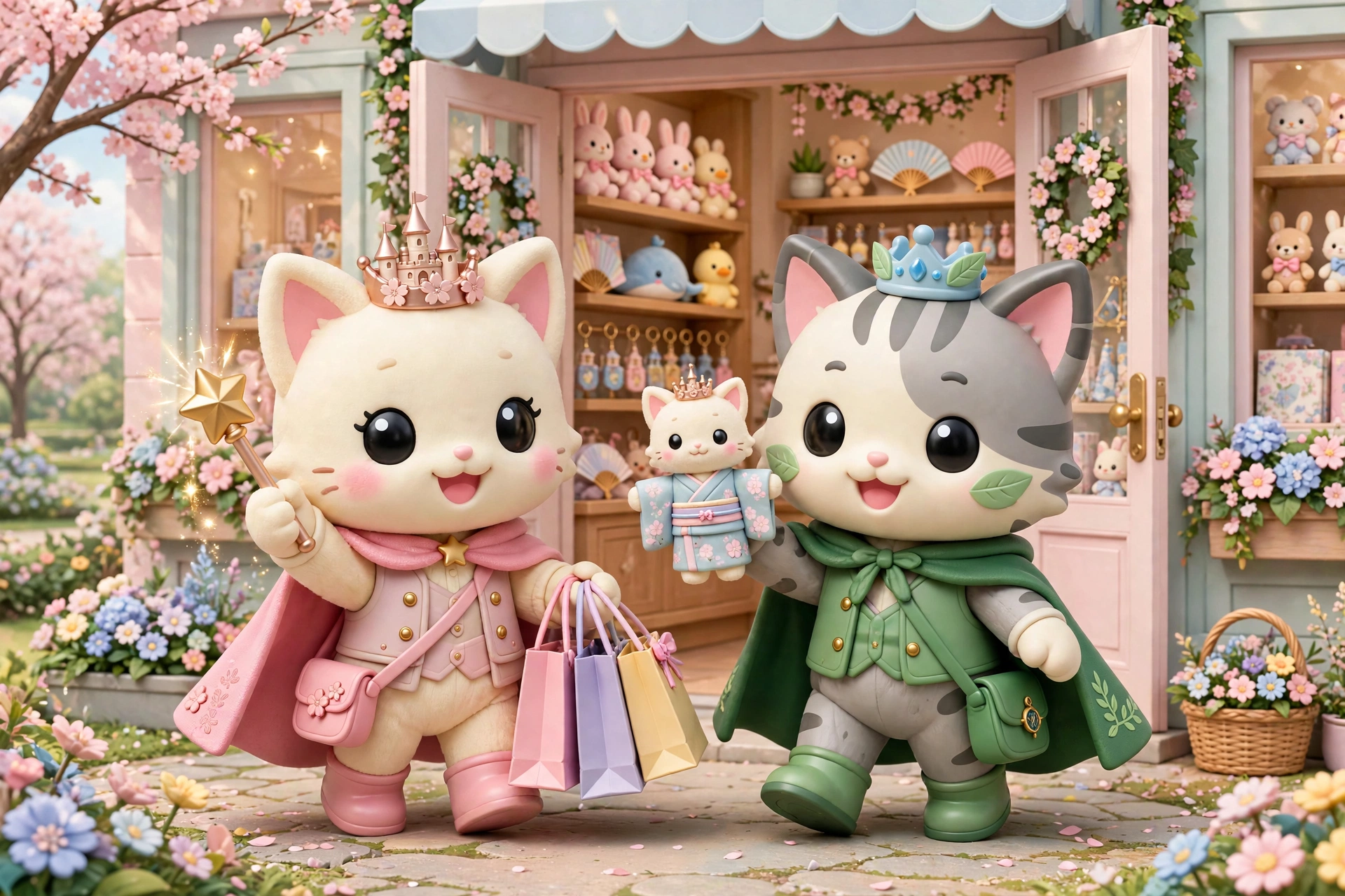 The guide cats leaving a park gift shop with shopping bags and a kimono plush