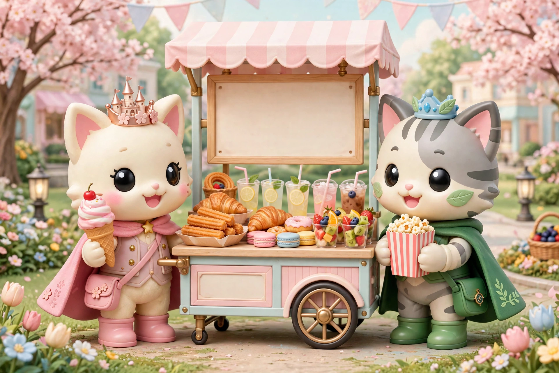 The guide cats at a park snack cart with churros, drinks and popcorn