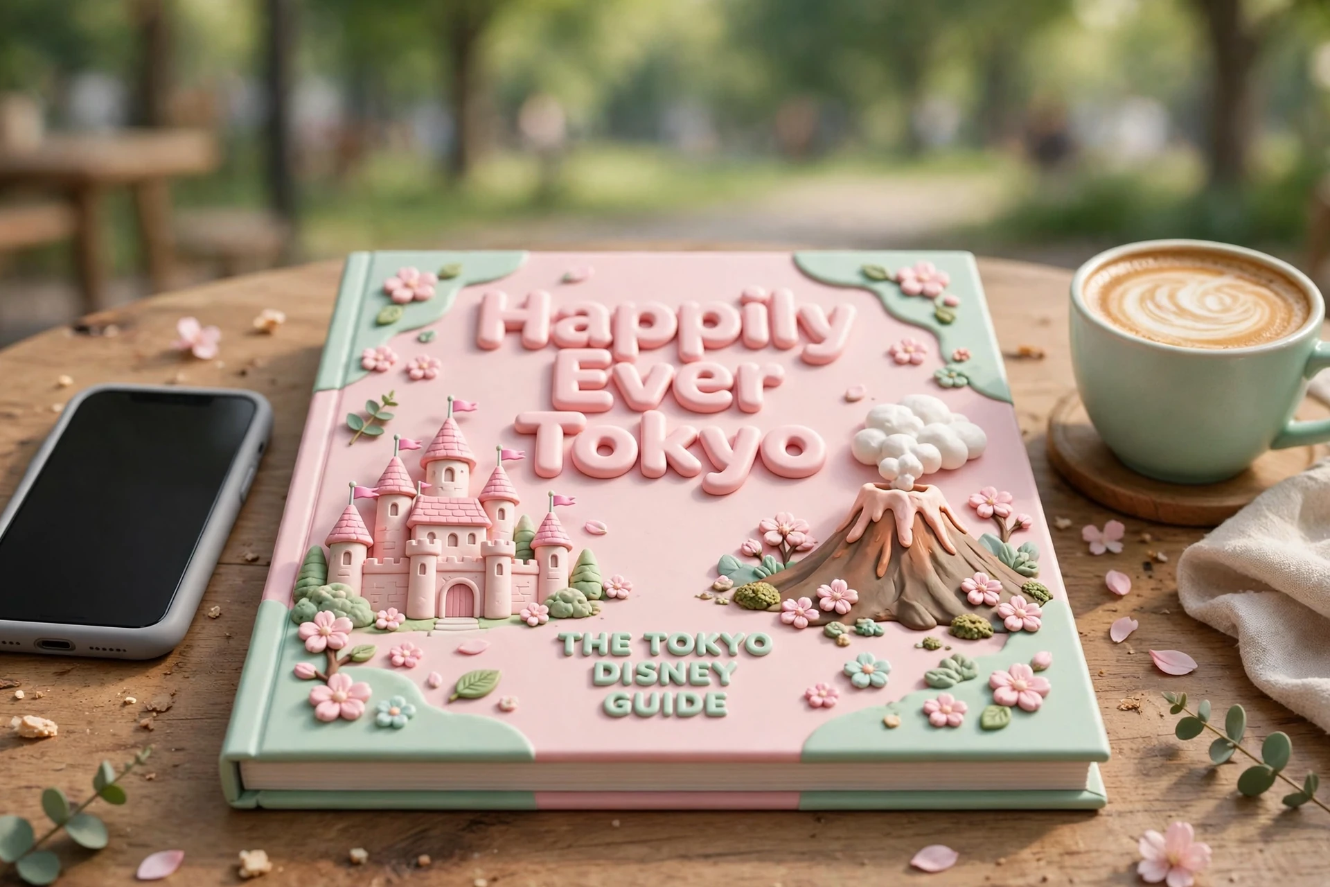 The printed Free Tokyo Disney Guide on a cafe table, its cover reading Happily Ever Tokyo and The Tokyo Disney Guide, beside a phone and a cup of coffee