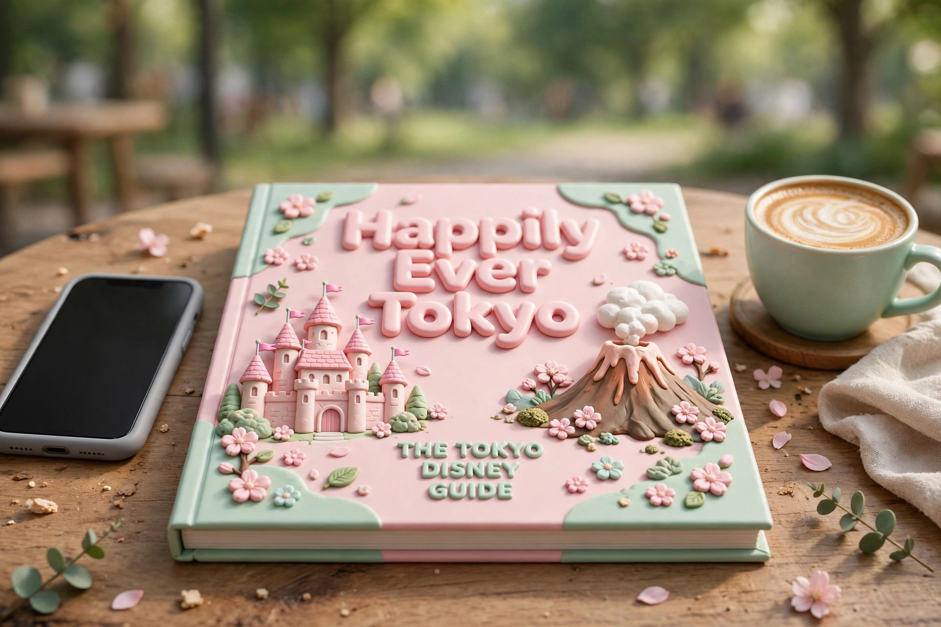 The printed Free Tokyo Disney Guide on a cafe table, its cover reading Happily Ever Tokyo and The Tokyo Disney Guide, beside a phone and a cup of coffee