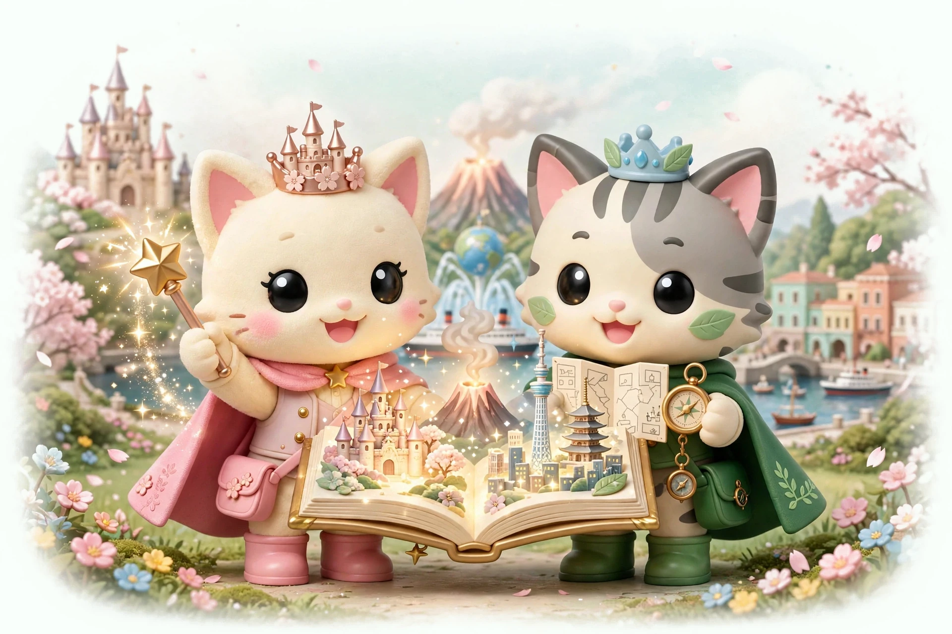 Yume and Michi, the Happily Ever Tokyo guide cats, holding their storybook and map between the castle and the volcano
