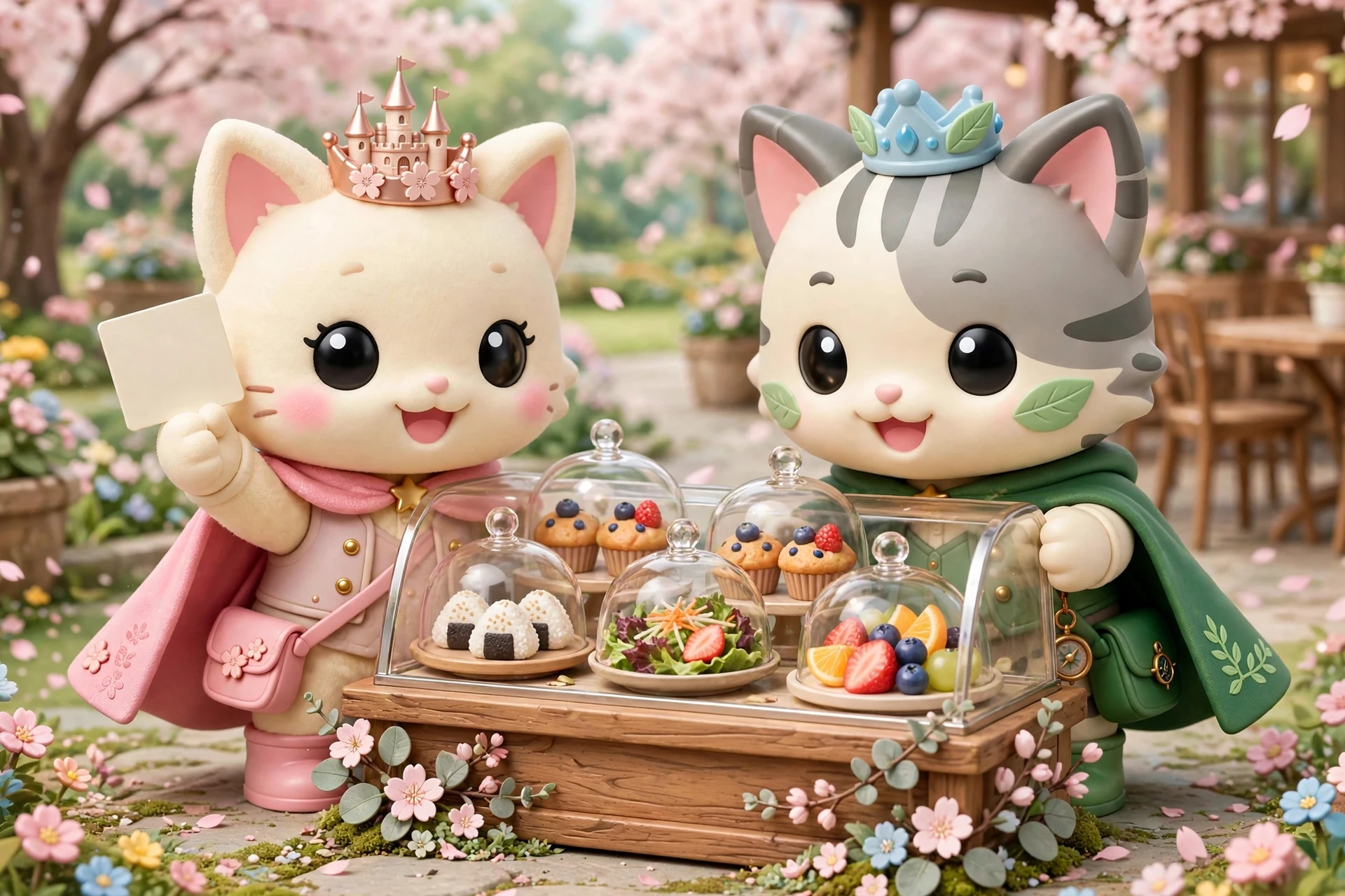The two Happily Ever Tokyo guide cats in soft 3D standing at a restaurant food display case, one holding up a dietary card