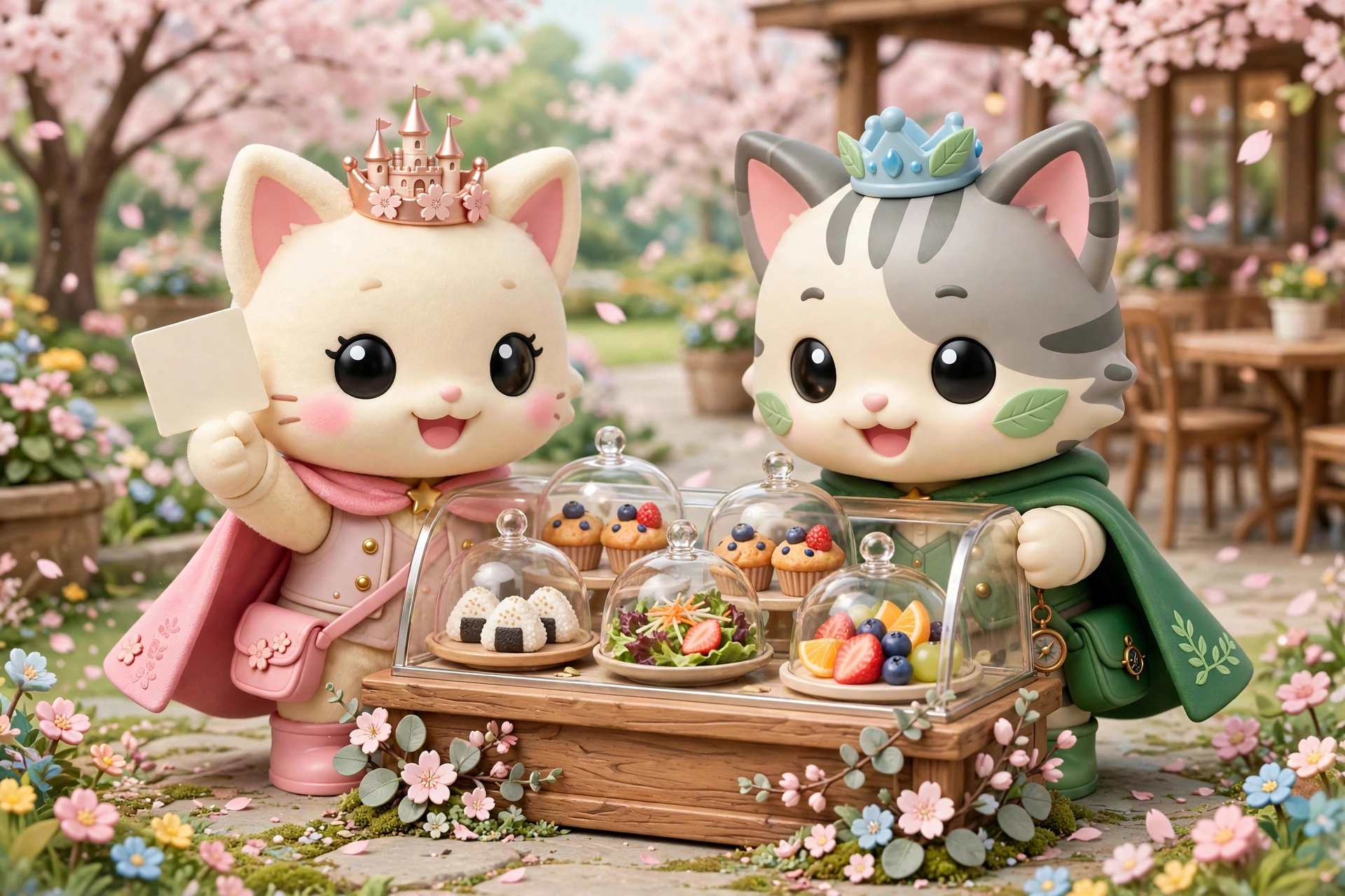 The two Happily Ever Tokyo guide cats in soft 3D standing at a restaurant food display case, one holding up a dietary card