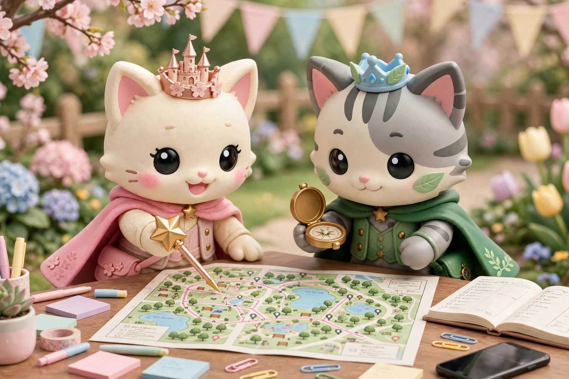 The two Happily Ever Tokyo guide cats in soft 3D at a planning table covered with a park map, an open notebook, a phone and pastel sticky notes