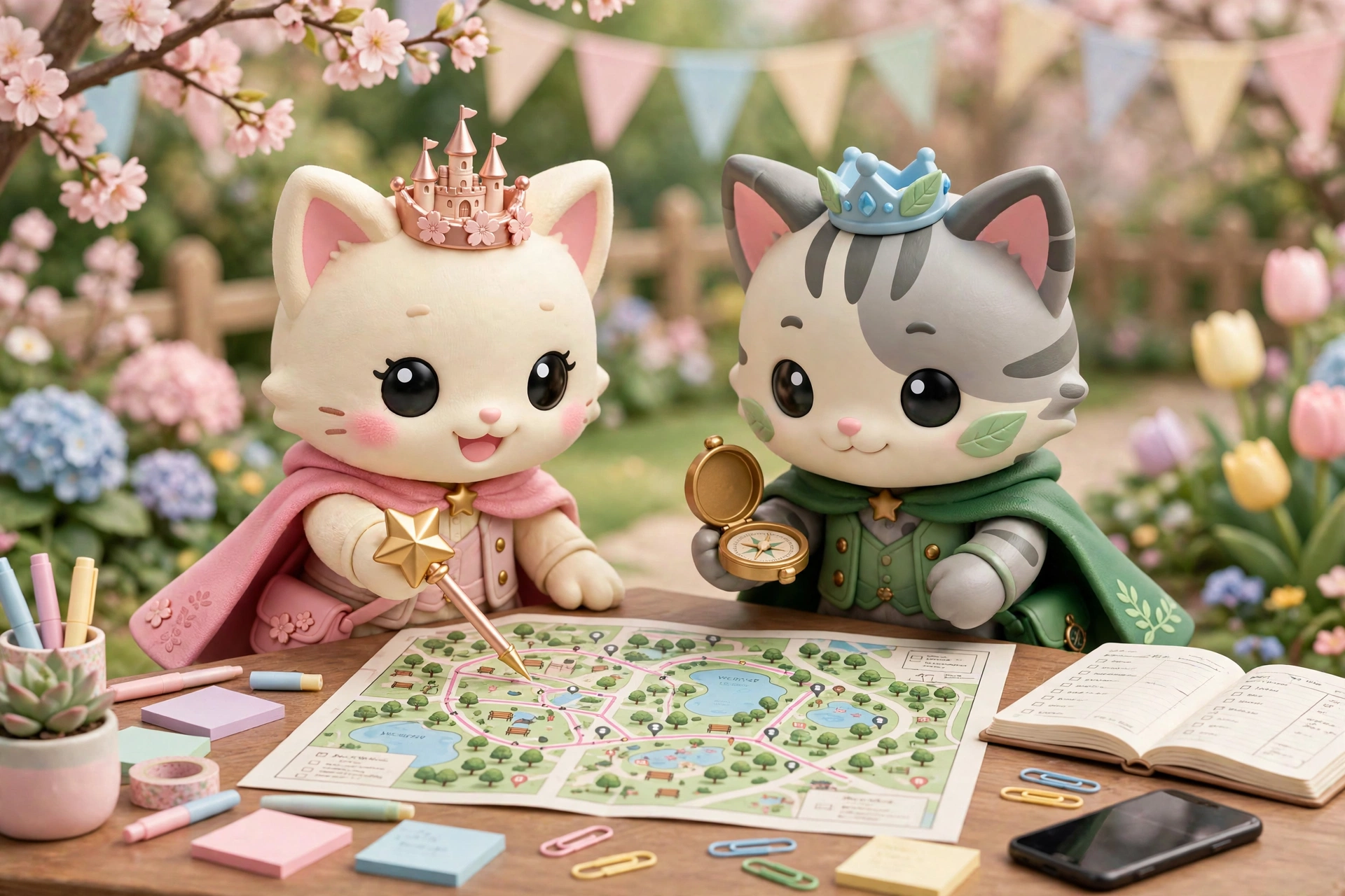 The two Happily Ever Tokyo guide cats in soft 3D at a planning table covered with a park map, an open notebook, a phone and pastel sticky notes