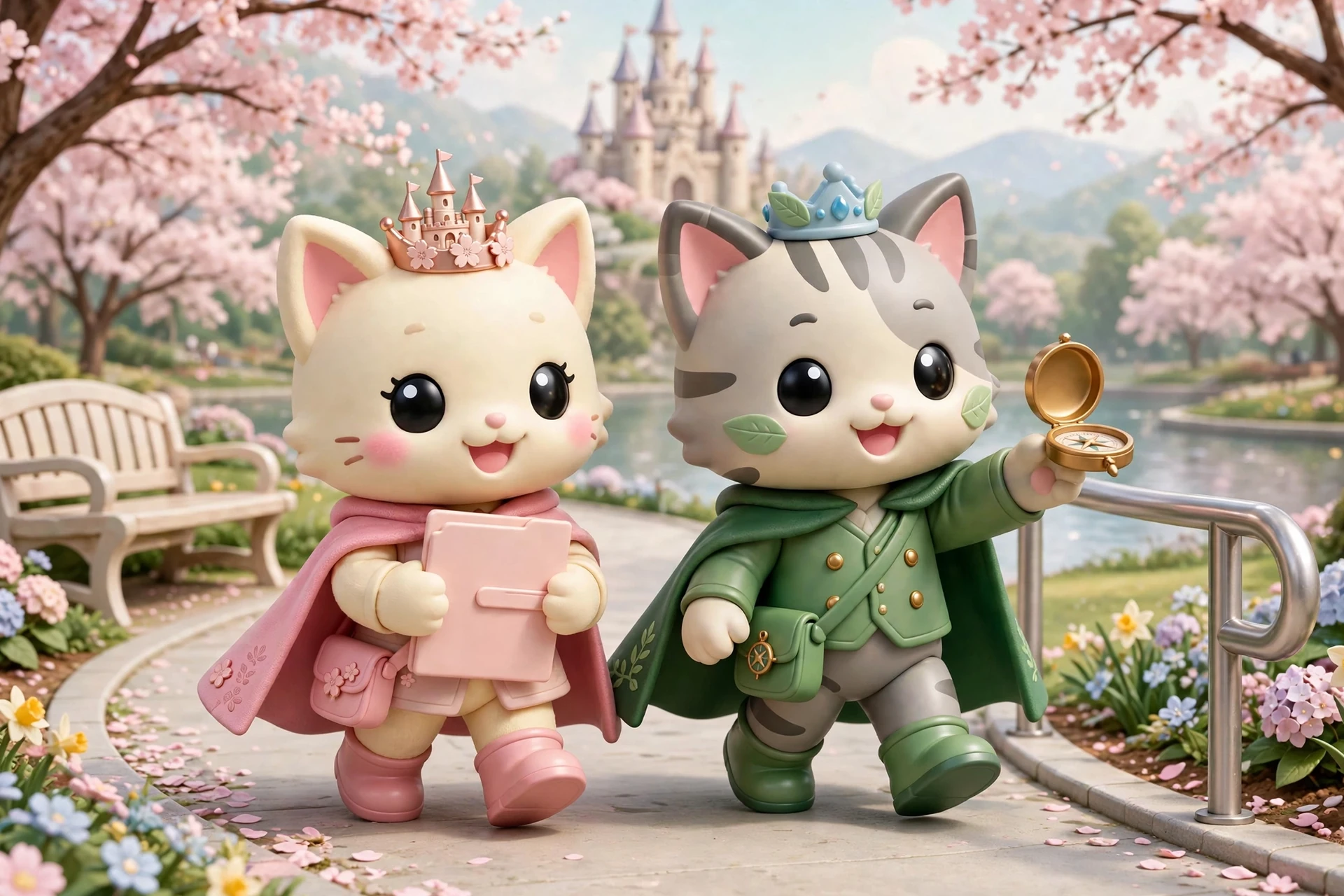 The two Happily Ever Tokyo guide cats in soft 3D on a curved step-free park path with a handrail and flower beds, one holding a folder of paperwork, the other pointing the way with a compass
