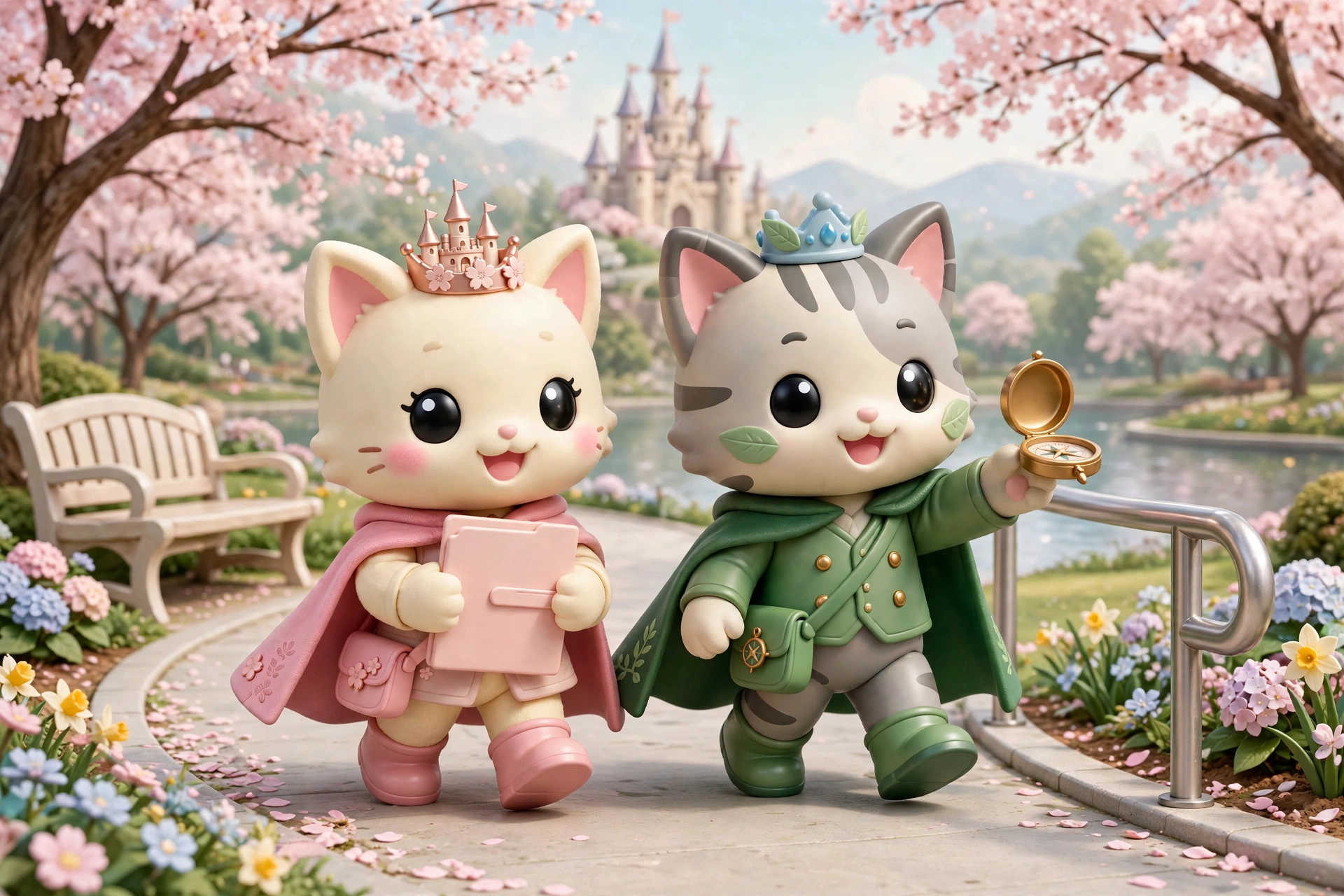 The two Happily Ever Tokyo guide cats in soft 3D on a curved step-free park path with a handrail and flower beds, one holding a folder of paperwork, the other pointing the way with a compass