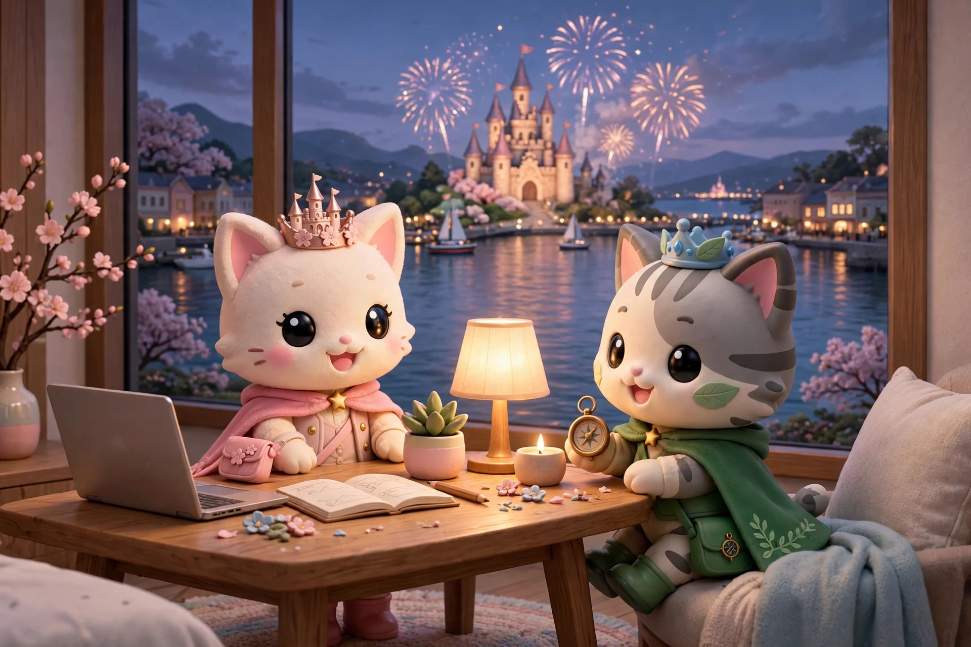 Illustration of a hotel room table at dusk with a laptop and notebook open, a lit storybook castle across the water seen through the window