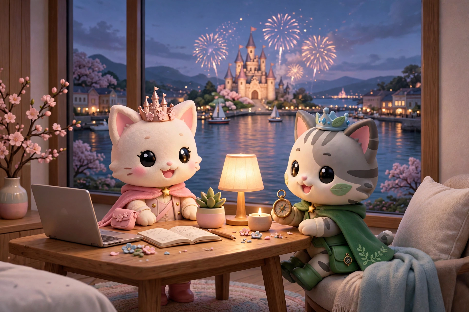 Illustration of a hotel room table at dusk with a laptop and notebook open, a lit storybook castle across the water seen through the window