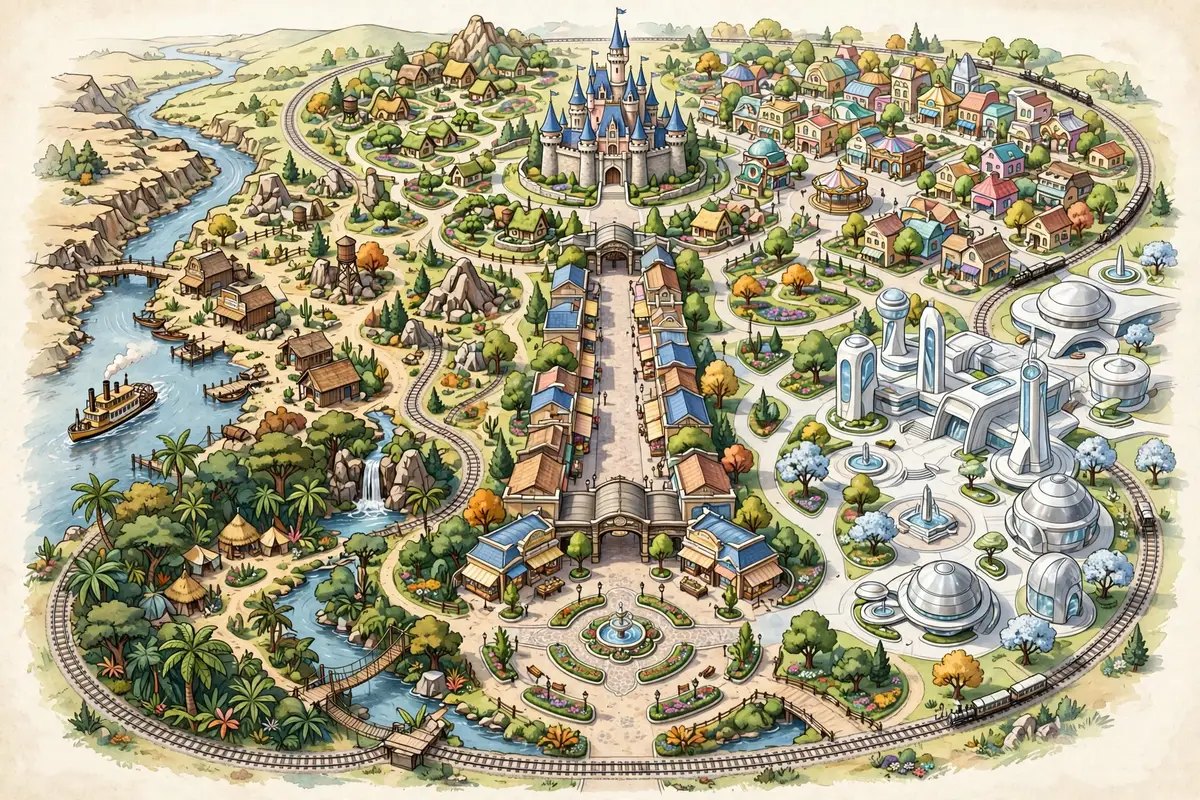 Illustrated map of Tokyo Disneyland with numbered pins for restaurants serving the Special Dietary Menu